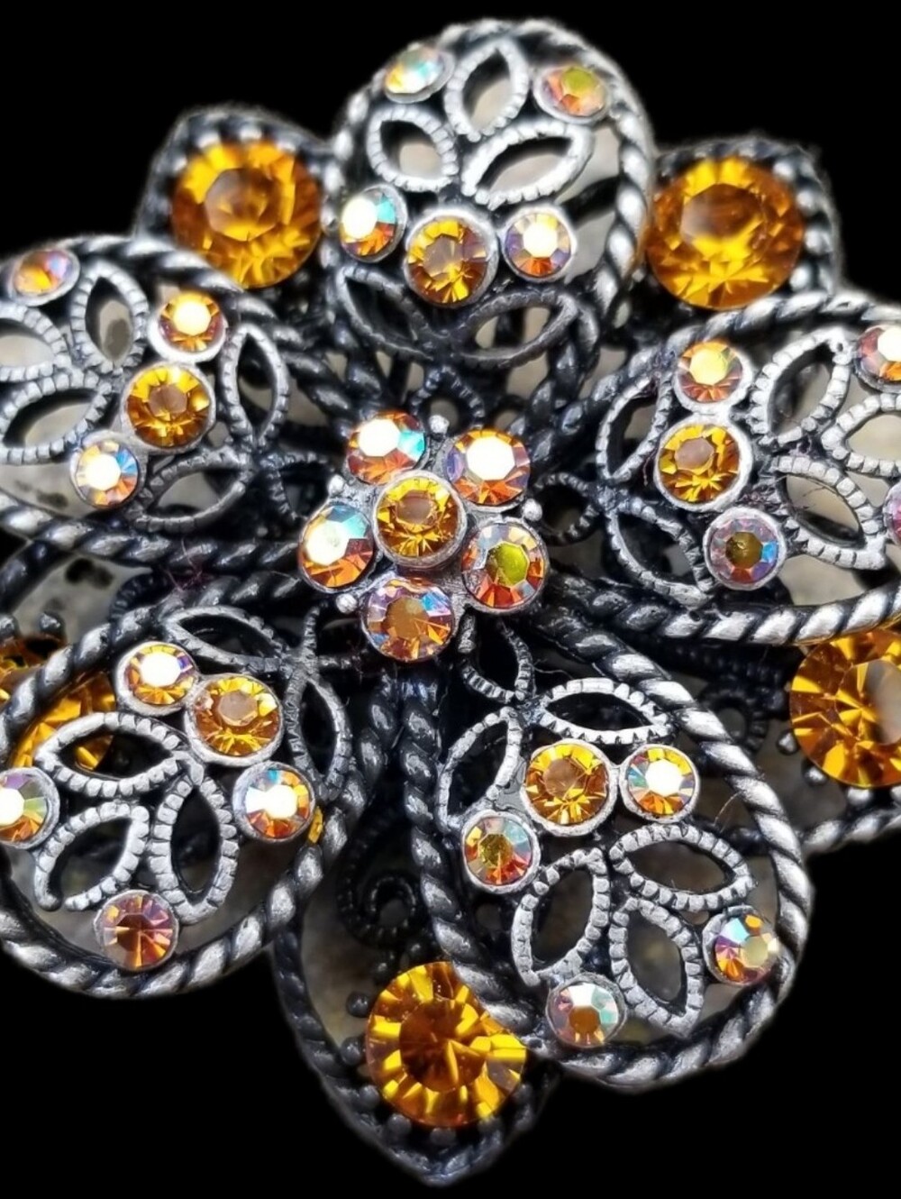 Vintage Silver Tone Amber Rhinestone Flower Brooch Pin